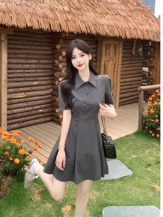 

plus Size ey POIO Collar ort Sve Dr Women's Summer Slimming Waist Cinched ort Skirt Korean Sle High Waist A-Lin...