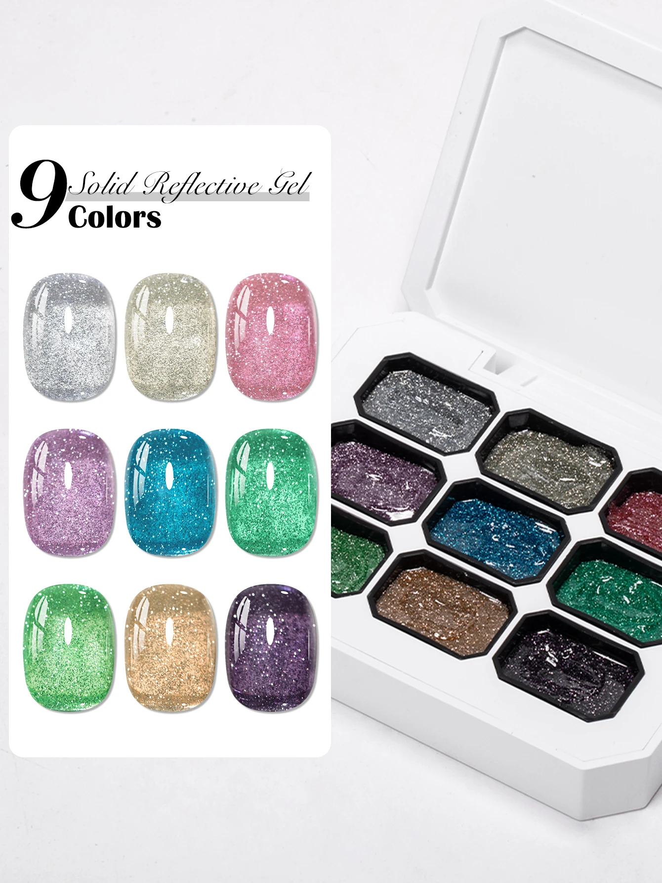 Mtssii 9-Farben-reflektierendes, glitzerndes, reflektierendes Glitzergel, neun Rahmen, schillerndes, reflektierendes, festes Nagellack-Gel, helle Nagelkunst