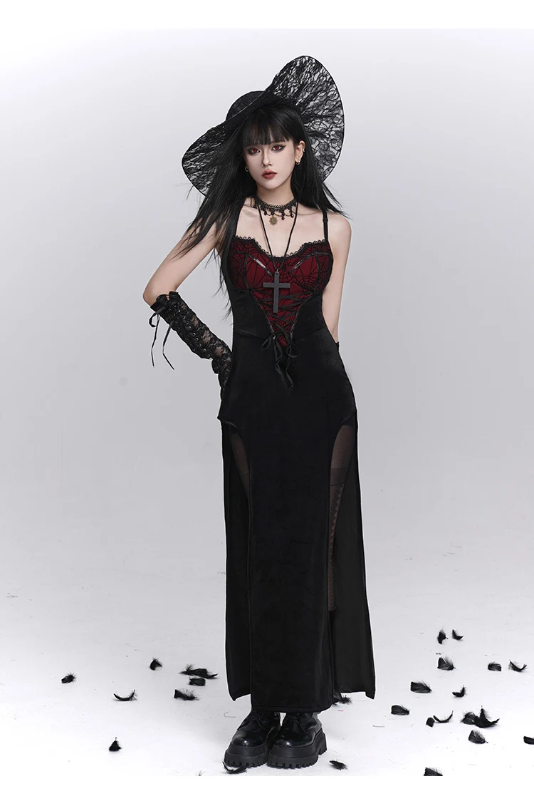 Estilo gótico sexy conjunto de roupa de halloween preto manga longa colete sem mangas rendas fino ajuste bodycon split cinta vestido feminino
