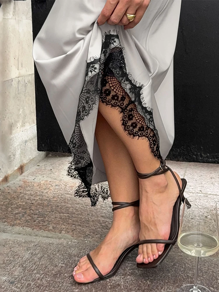 2025 الدانتيل المرقعة فستان ستان للنساء الصيف قبالة الكتف عالية الخصر فساتين طويلة نادي حفلة مثير عارية الذراعين فستان أنيق