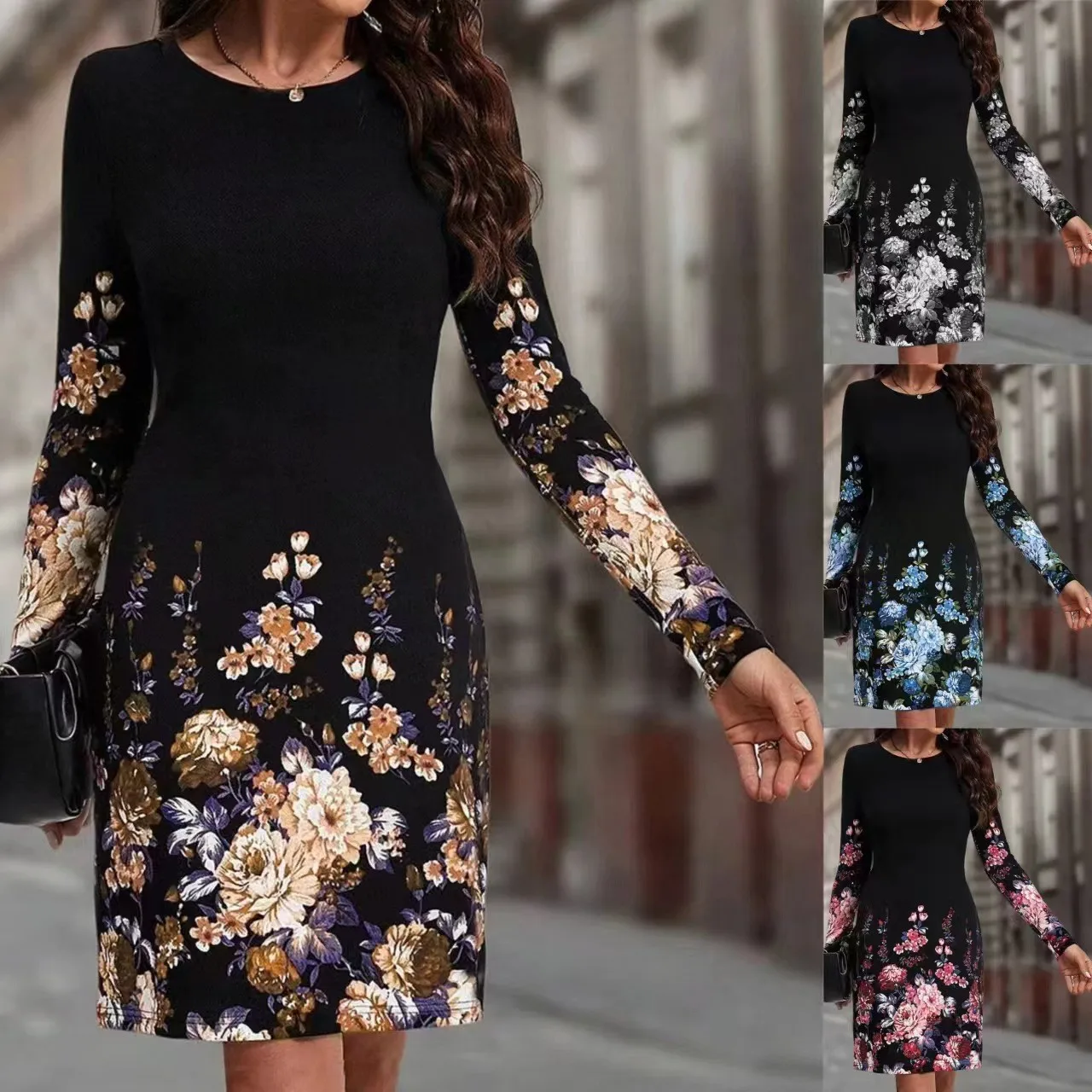 2024 Nowa jesienno-zimowa sukienka damska O Neck Flower Print A-Line Long Sleeve Loose Dress Casual Fashion Elegant Ladies Mini Dresses