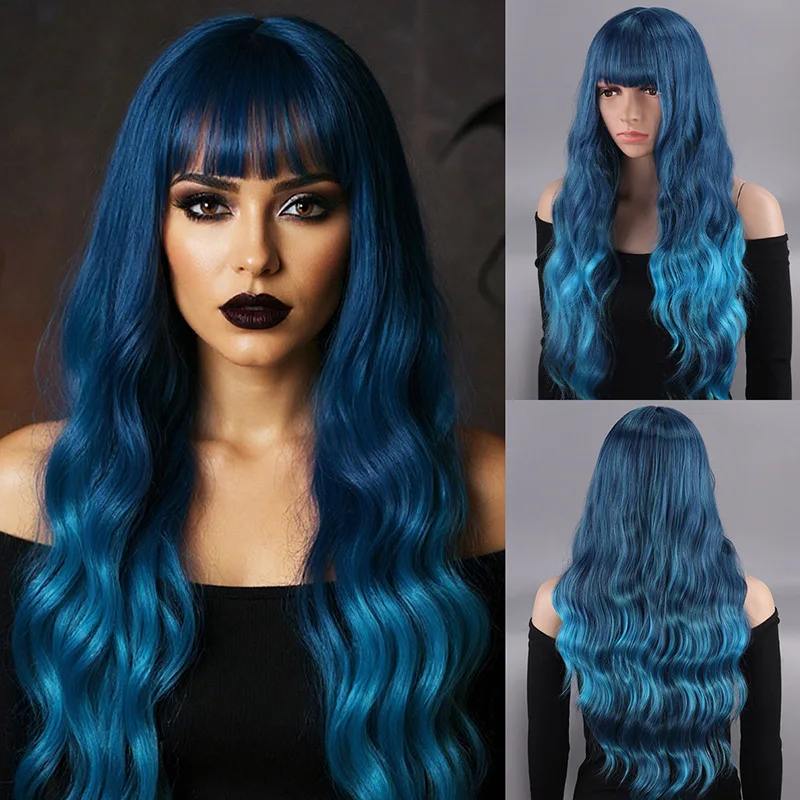 Cross border foreign trade bangs wig black blue long curly hair European and American full head cover-Synthetic fiber wig