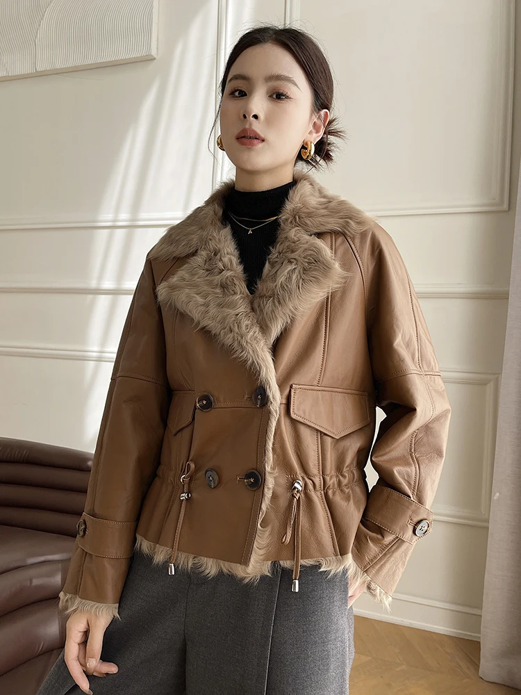 

High-end Luxury Genuine Leather Lamb Fur Motorcycle Jacket for Women Simple Slim Double Breasted Lace-up Sheepskin Real Fur Coat