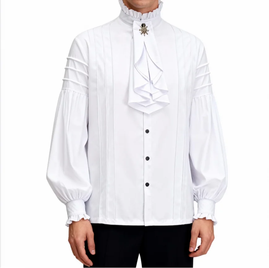 

White Cotton Ruffled Stand Collar Long Lantern Sleeves Pirate Cosplay Victorian Man Shirt Medieval Clothes Gothic Vintage Top