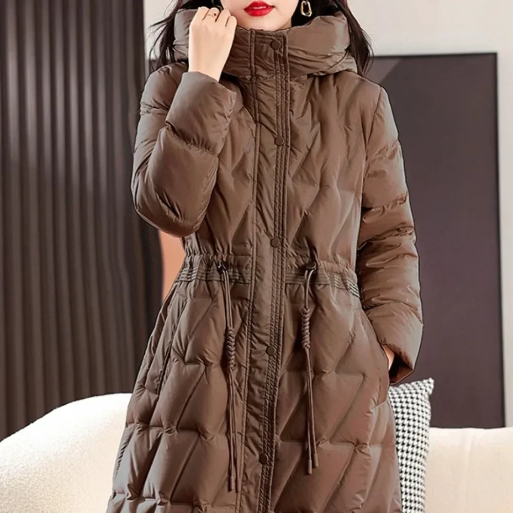 2024 Jacket Women Hooded Parkas Casual Long White Duck Down Jacket Winter Coat Female Drawstring Zipper Outerwears Slim Coats