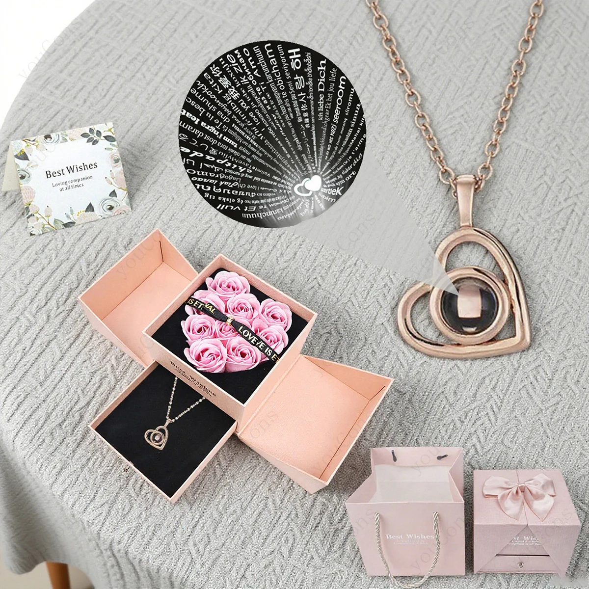 100 Languages Projection Necklace Pendant With Rose Bow Box Jewelry For Girlfriend Mother Valentine Christmas Birthday Gift