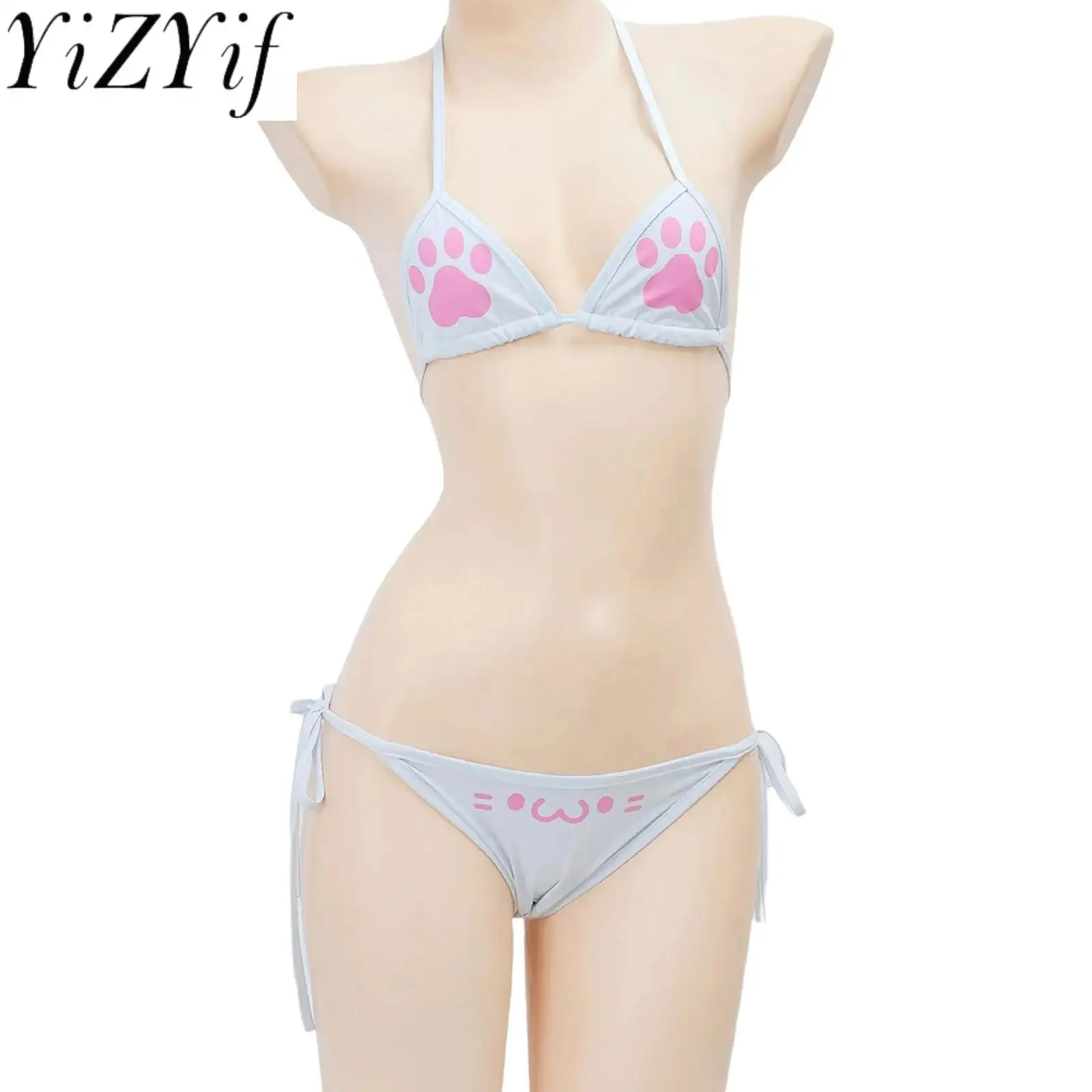 

Women Kitten Cat Paw Print Bikini Set Sexy Cute Halter Bra Top And Side Lace-up Briefs for Bikini Beachwear Swimwear Nightwear
