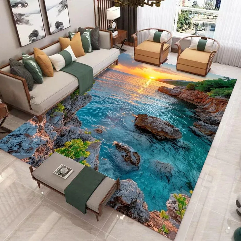 3D Seaside Sunset Seascape Rug Ins Visual Extension Non Slip Art Floor Mat for Living Room Bedroom Bay Window Home Decor
