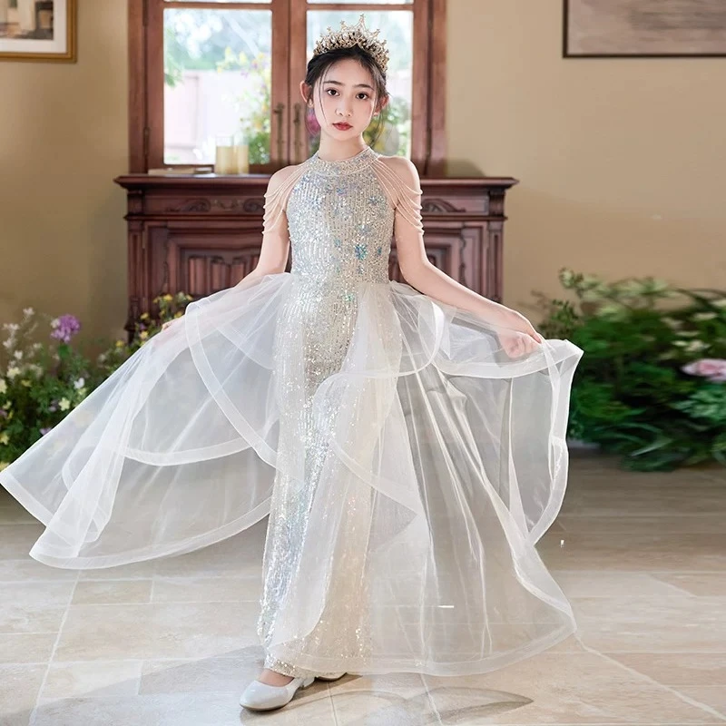 

Children Girls Sequin Mermaid Dress Costume Kids Birthday Party Princess Gown Host Performance Evening Pageant Formal Outfit
