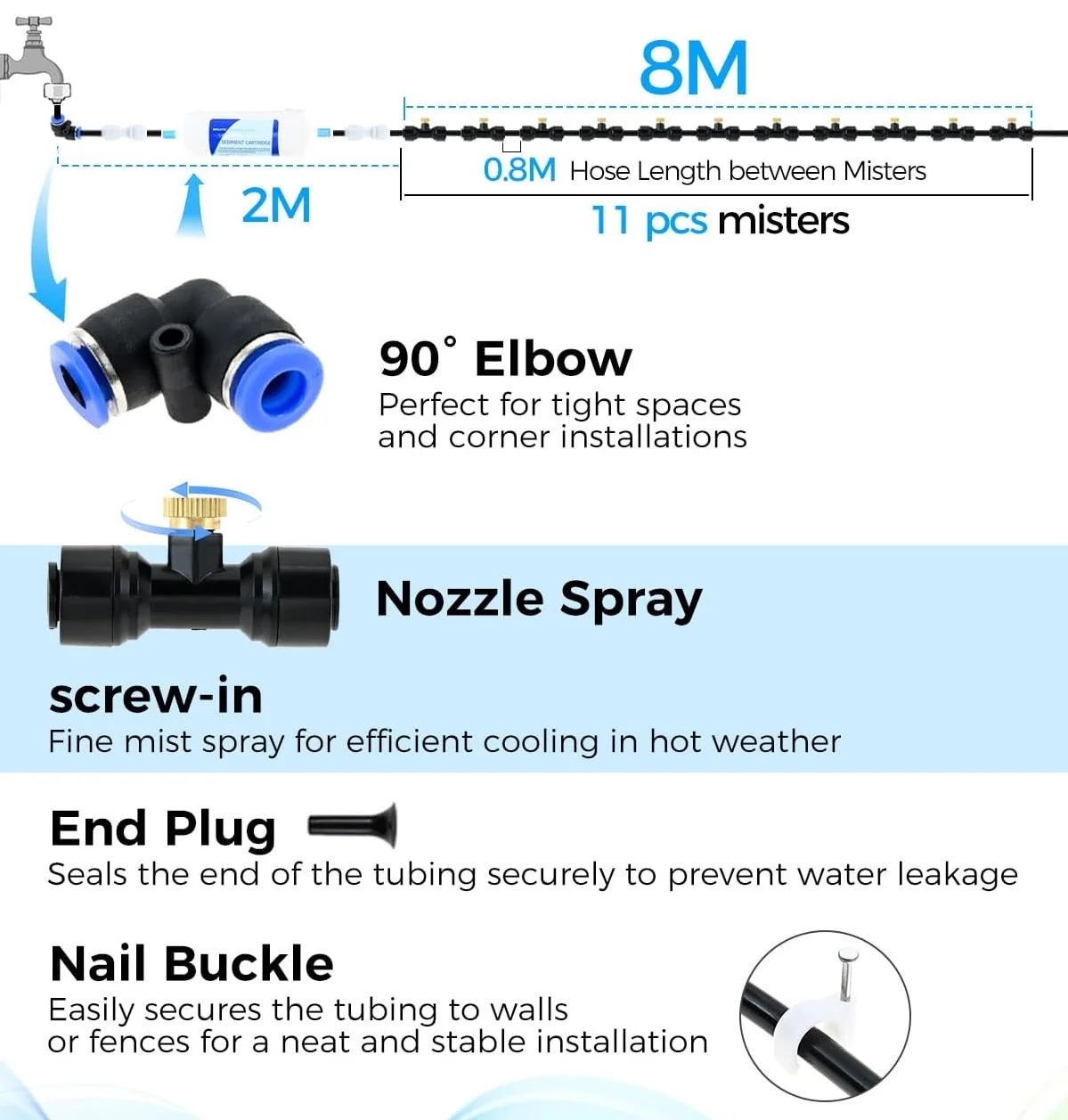 Mist Spray System Outdoor Watering Kit Cooling Set 32Feet/9.75m Fog Line 11 Solid Brass Nozzles  Humidification Dust Removal