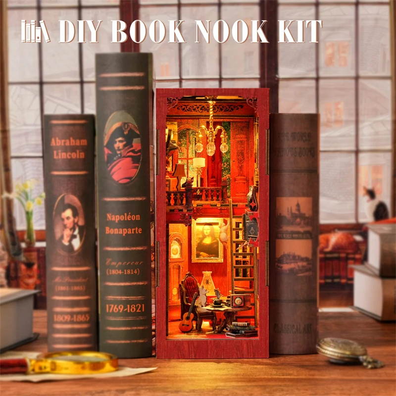 DIY Wooden Book Nook Figurines Miniatures Paw's Library Cottage Bookend for Friends Birthday Xmas Gifts Home Decor Crafts