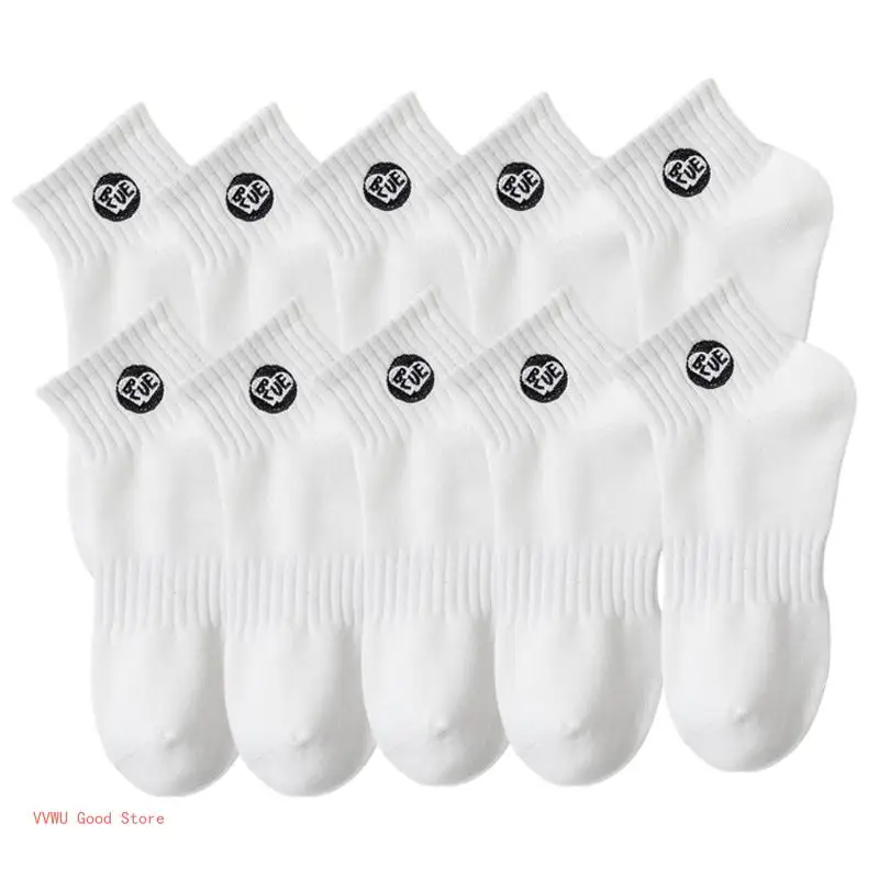 5 Pairs Mens Plain Letter Embroidery Sport Ankle Socks Ribbed Cuff Stretch Short Tube Socks Casual Cotton Athletic Socks