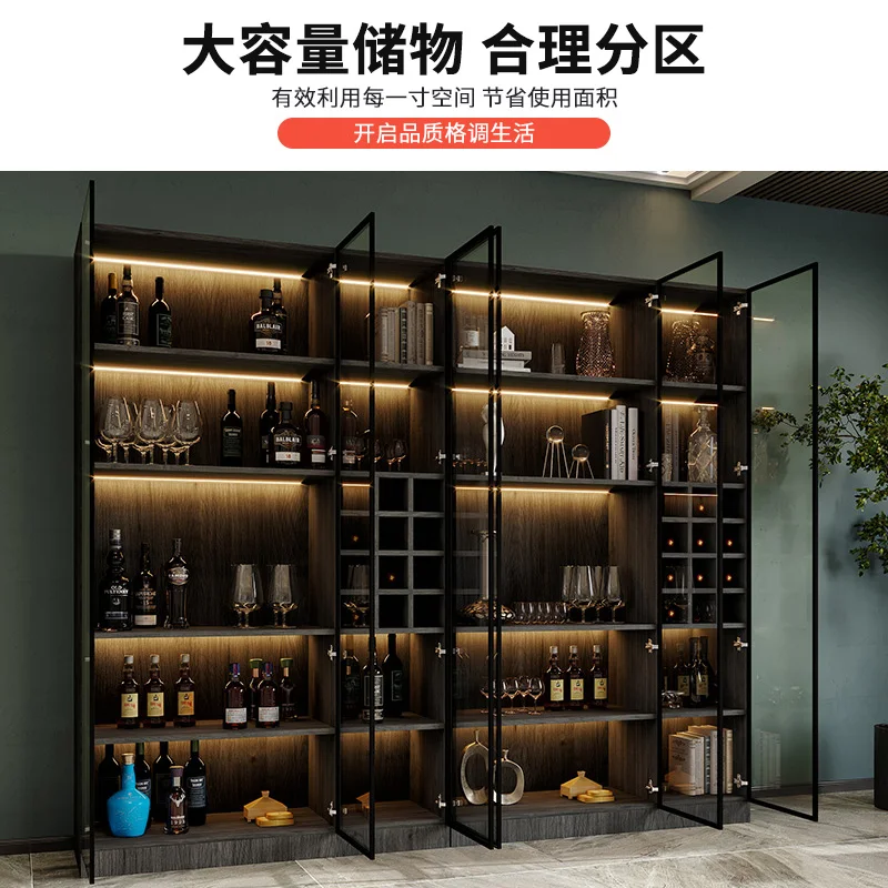 Large wine cabinet with glass door, light luxury display cabinet against the wall, solid wood sideboard, integrated living room