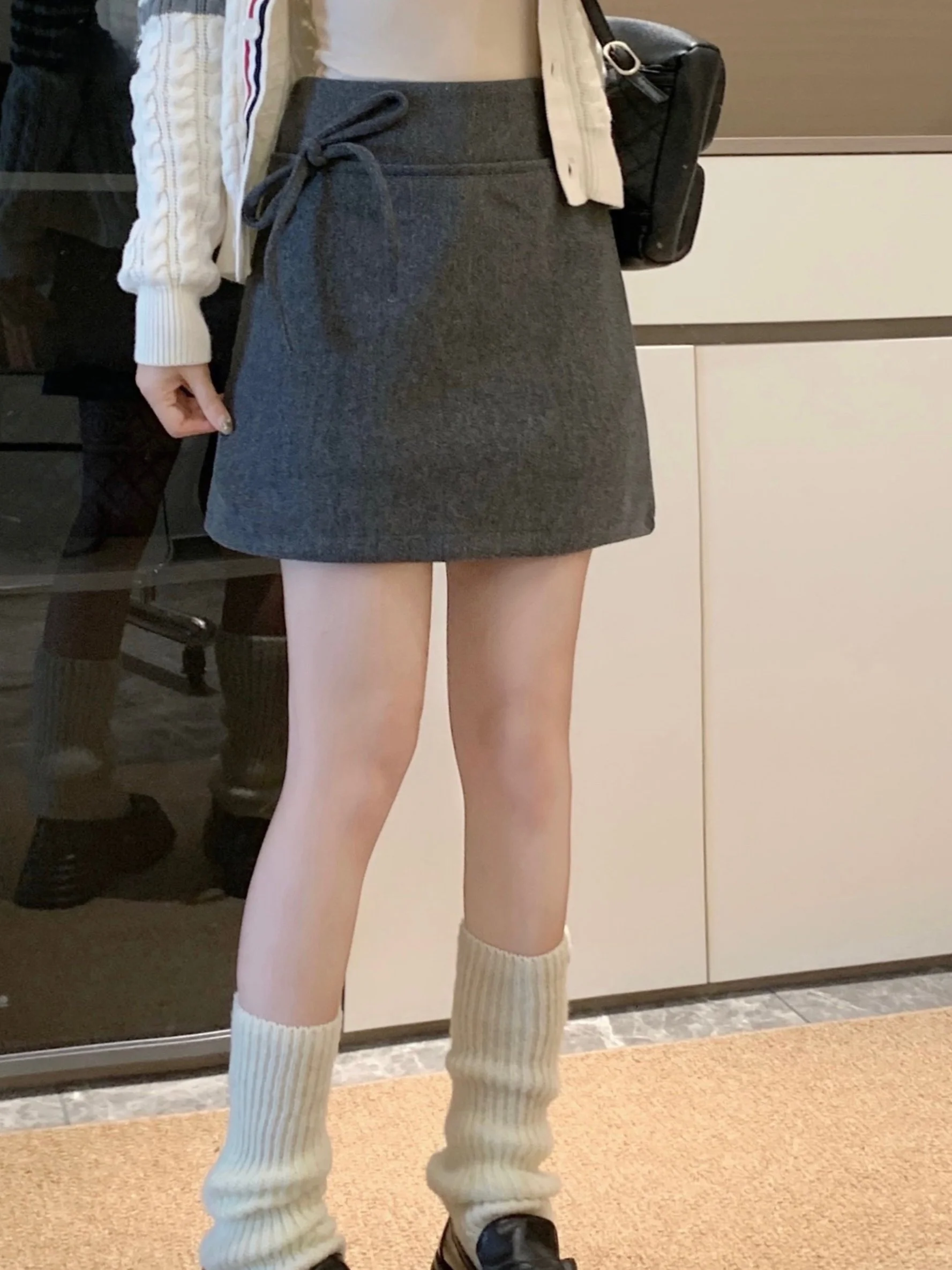 

plus Size Women's Grey Bowknot A-Line Skirt High Waist Slimming Autumn Winter New Style Polyester Fiber Pear Shape