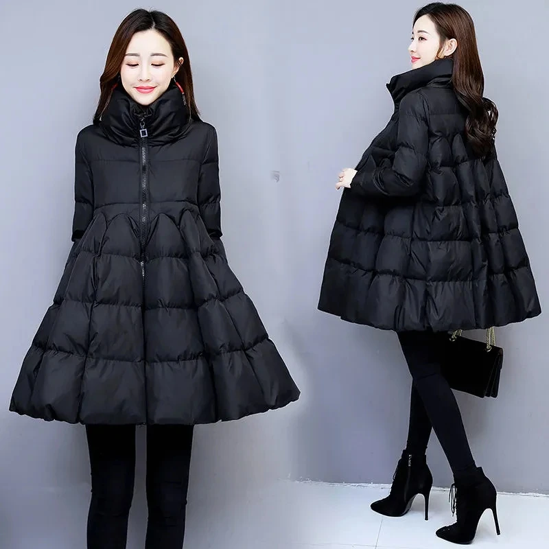 Women\'s Loose Padded Down Cotton Jacket with Zipper Solid Thickened Coat Warm Big Swing Puffy Cloak Parkas Jackets Korean Winter