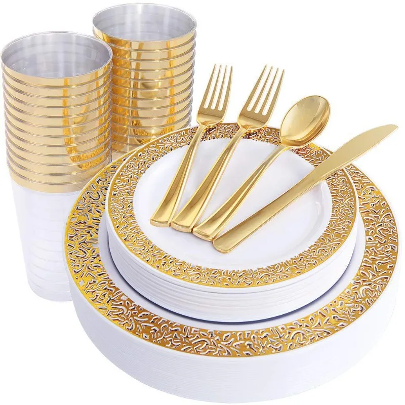 150pcs/set High-end Plastic Tableware Set, Wedding Plastic Plates, Party Transparent Tableware, Reusable Tableware