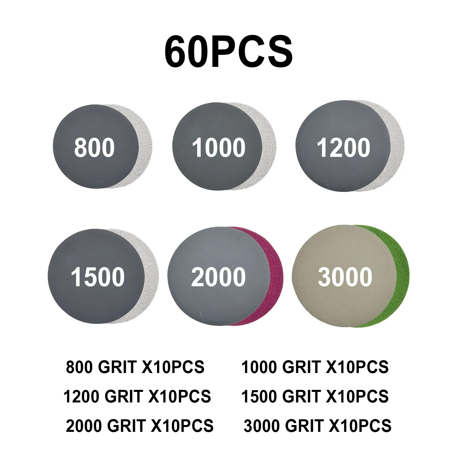 

60pcs 3 Inch 75mm Hook&Loop Sanding Discs Set Wet&Dry 800 / 1000 / 1200 / 1500 / 3000 Grit Sanding Discs Power Tool Accessories