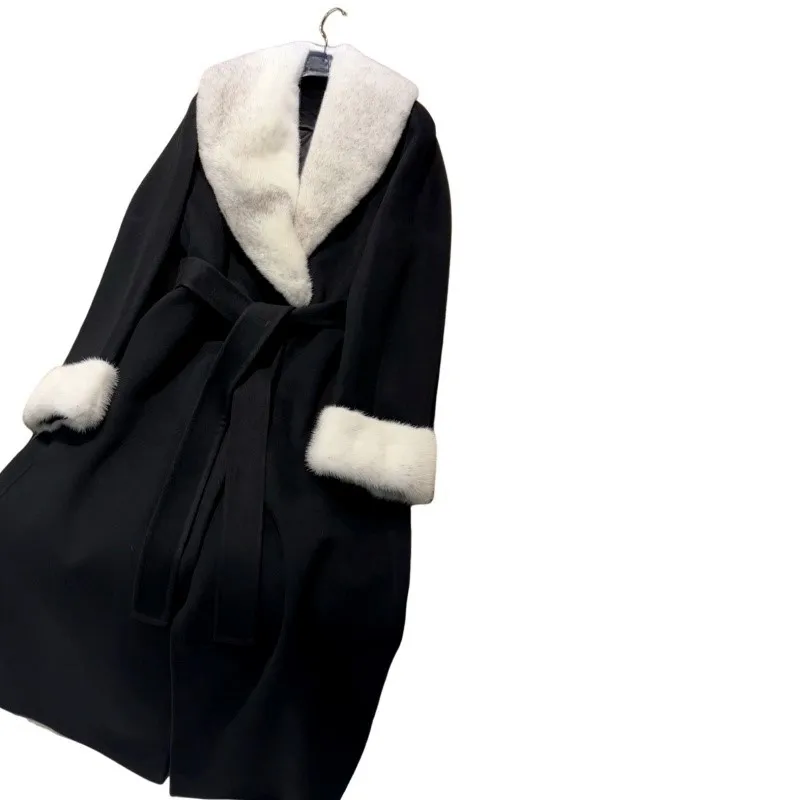 Mink COLLAR สองด้าน CASHMERE Coat ผู้หญิง CASHMERE double-Layer 2 ชิ้นขนสัตว์กลางความยาวเสื้อขนสัตว์ feminino luxo