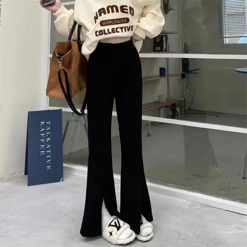 Autumn Winter New Elastic Waist Slit Hem Flare Pants Solid Thick All-match Korean Straight Pants Casual Fashion Women Clothing