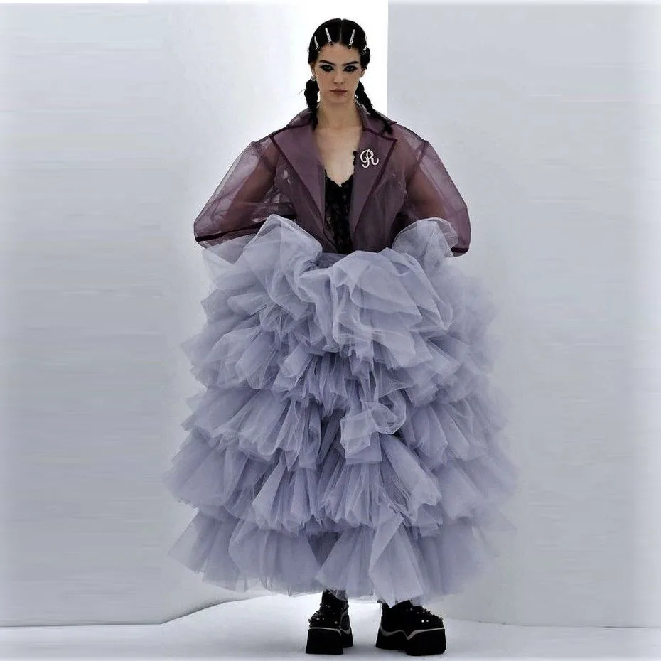 Trendy Newest Gray Tiered Layered Tulle Women Skirts Fluffy Tiered Tulle Ankle Length Maxi Skirts Elastic Wiastband Female Skirt