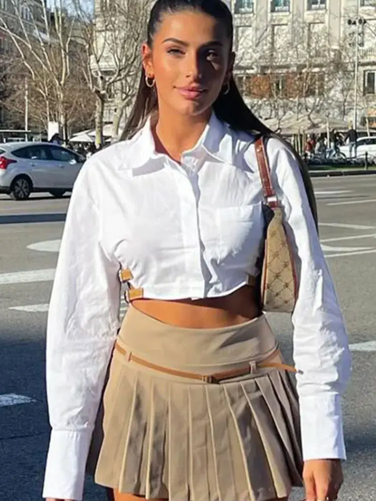 HH 2025 Verano Mujer Retro empalmado ​ ​ Falda con cinturón de cuero para mujer, minifalda plisada elegante de cintura alta con cremallera, ropa de calle