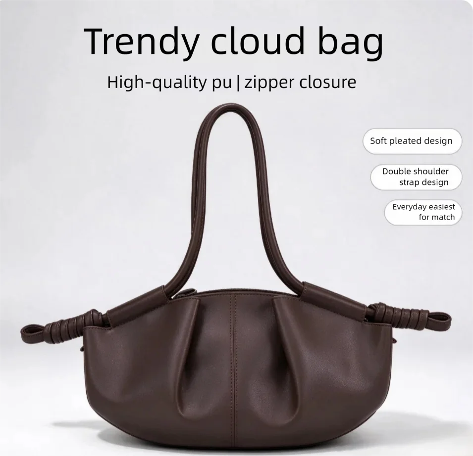 Women PU Cloud Dumpling Shoulder Bag Soft Solid Color Pleated Knotted Strap Minimalist Urban Commuting Daily Handbag