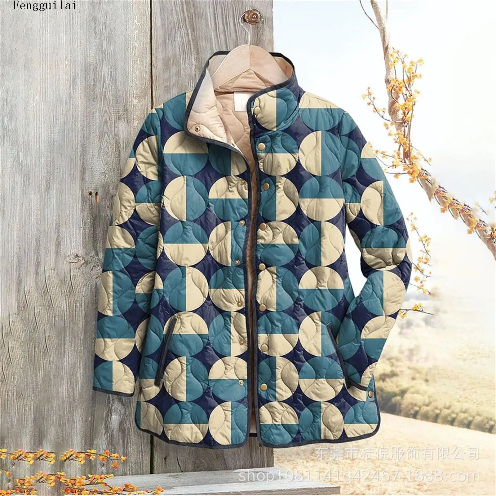 Women Vintage Colorful Tiger Floral Print Quilted Jacket Stand Collar Button Down Lightweight Padded Coat Long Sleeve Outerwear