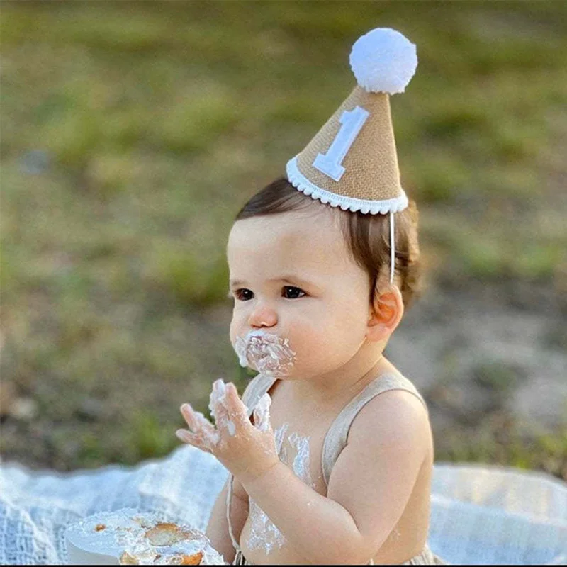 Jutowa czapka z okazji pierwszych urodzin Dziecko Pierwsze przyjęcie urodzinowe Noworodek Chłopiec Dziewczynka 1 2 3 lata Opaska na głowę Baby Shower Urodziny Party Decor