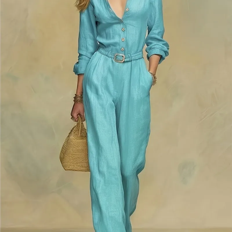 Mono casual para mujer, color turquesa, con botones al frente, mono de pierna ancha para mujer, mono largo con cintura plisada, mono largo de color liso.