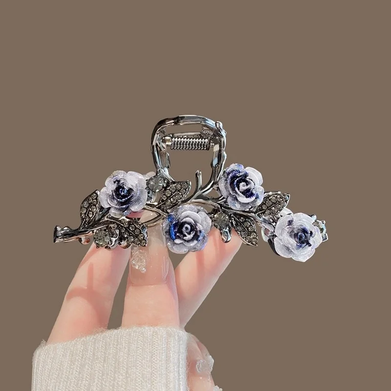 مشبك شعر على شكل زهرة زجاجية سوداء من جونميتال للنساء، دبوس شعر راقي ورائع، مشبك سمك القرش ذو الرأس الخلفي متوسط الحجم، مكانة متخصصة. #2