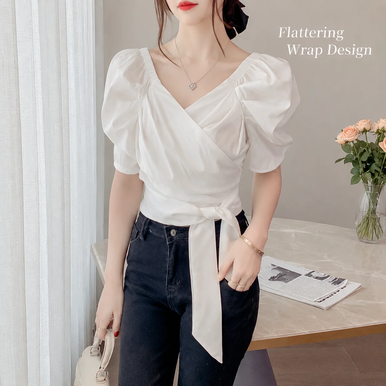 Women White Chiffon Wrap V Nec - Wrap Blouse Chiffon review and price