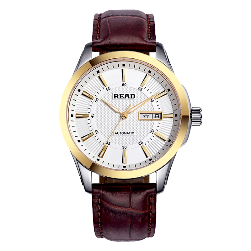 READ Men Automatic Watch | Brown Leather Strap | Two‑Tone Case | Sapphire Glass | Day‑Date Display | 50M Water Resistant