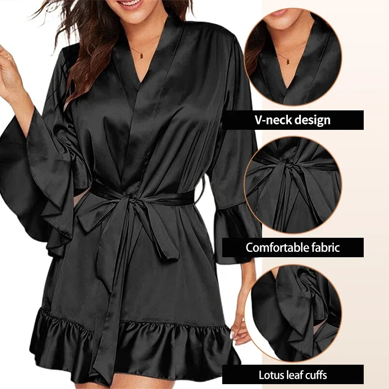Sexy Robe Satin Silk Pajamas Kimono Women Solid Color Nightdress Lingerie Bride Wedding Robe Underwear Sleepwear Lady Bathrobe