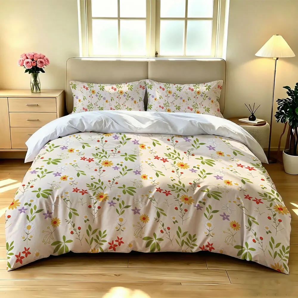 3pcs Spring Colored Floral Print Coreless Duvet Cover Set, Multi Size Comfortable Bedroom Bedding Decoration, Machine Washable