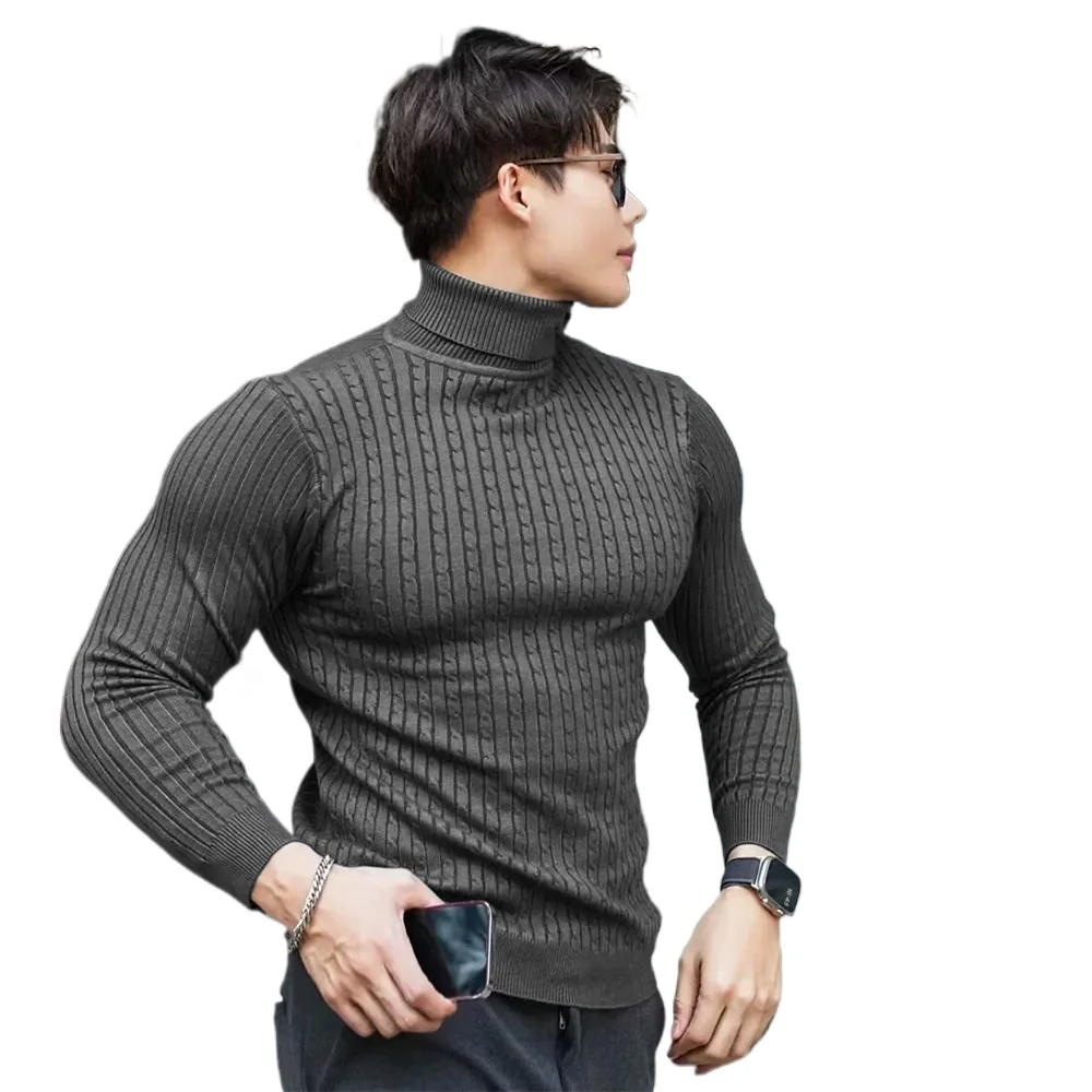 

New Men's Turtleneck Sweaters Autumn Knitted Striped Streetwear Warm Long Sleeved Pullover Solid Color Basic Style Casual Tops