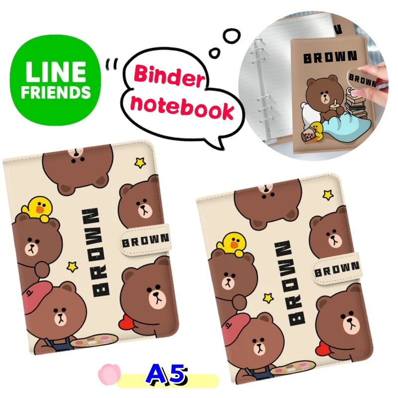 Line friends Brown Creative Cartoon Loose-leaf Removable Student A5 Notebook High Color Value Magnetic Button Notebook Journal