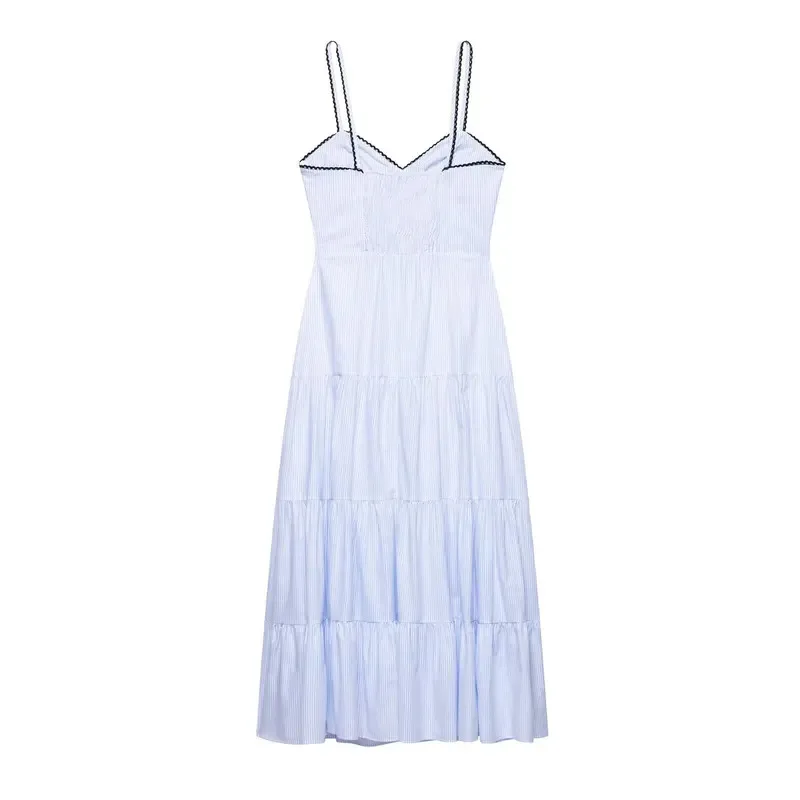 Elegante listrado em camadas babados suspender vestido com decote em v sem mangas sem costas a linha verão robe para mulher 2025 senhoras moda