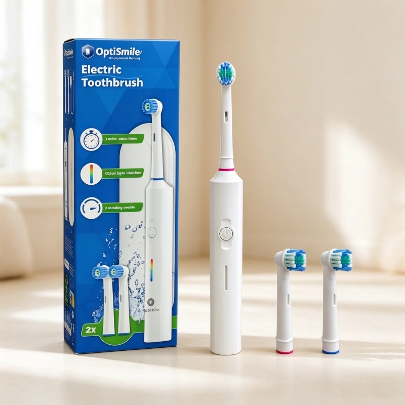 OptiSmile Rotating Electric Toothbrush for Adults, 45° Oscillating Rotary Toothbrush, USB Rechargeable IPX7 Waterproof, 3 Brushing Modes, 2 Min Smart Timer, Teeth Whitening Gum Care, With 2 Replacement Brush Heads