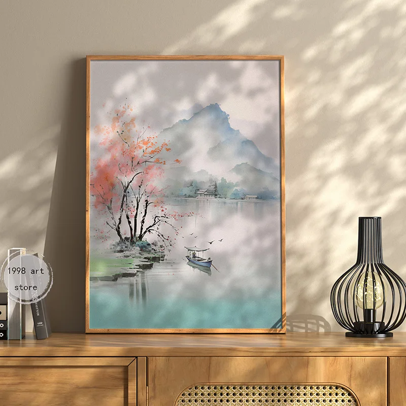 Traditional Chinese Mountain Landscape Nature River Boat Art Posters Canvas Painting Wall Prints Pictures Living Room Home Decor