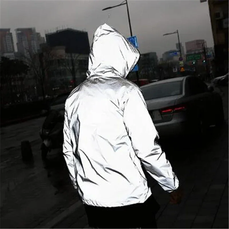 Spring Autumn Men\'s Full Reflective Windbreaker Waterproof Jacket High Street Hip Hop Baggy Hooded Coats Male Trendy Brand