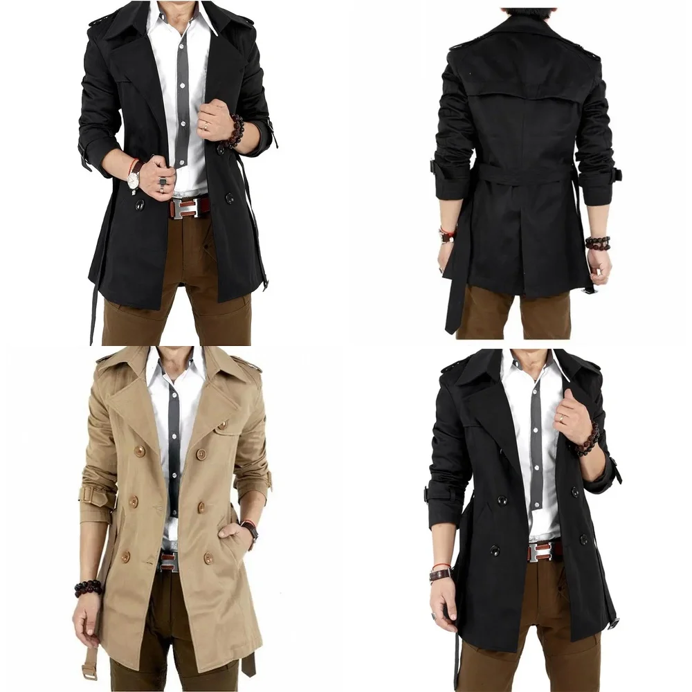 

Men Windbreaker Jacket Vintage Black Khaki Spring Autumn Business Trench Double Breasted Retro Classic Long Coat Thick