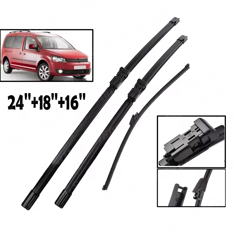 Wiper Front & Rear Wiper Blades Set For Volkswagen Caddy 2008 - 2014 Windshield Windscreen Clean Window Rain Brushes 24"+18"+16"