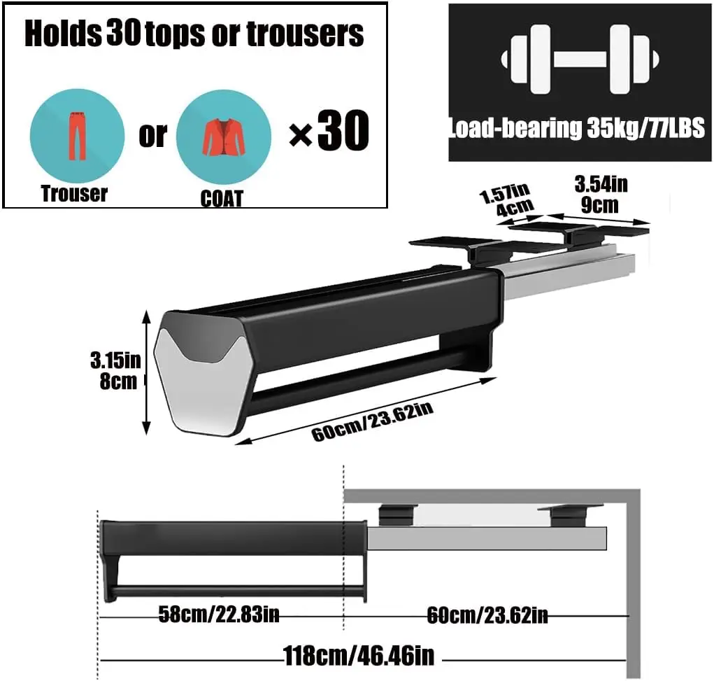Extendable Clothes Rail With Metal Base,Closet Rod For Pants Clothing Storage,Wardrobe Adjustable Clothes Hanger Rail