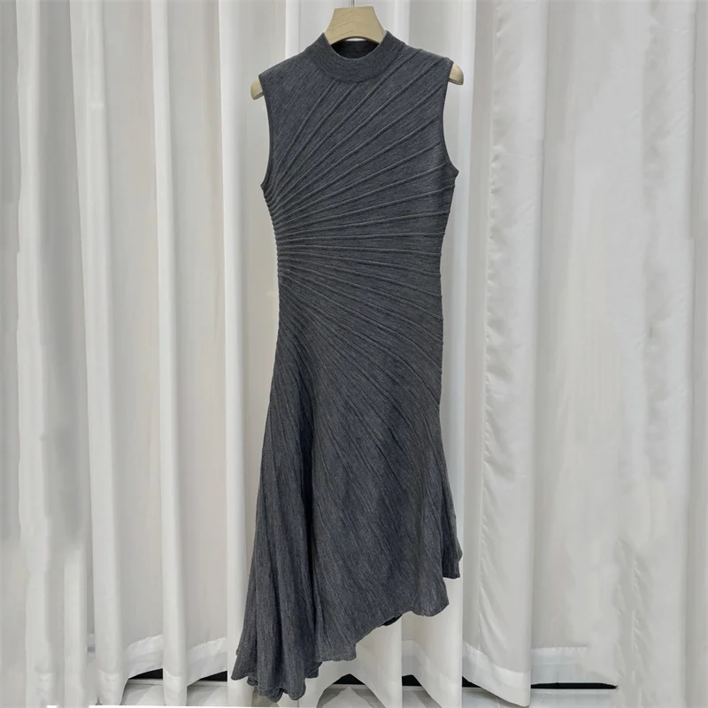 Women's dress New elastic knitted sleeveless long dress for summer 2026 Asymmetric women's casual dress 100% wool Party dresses