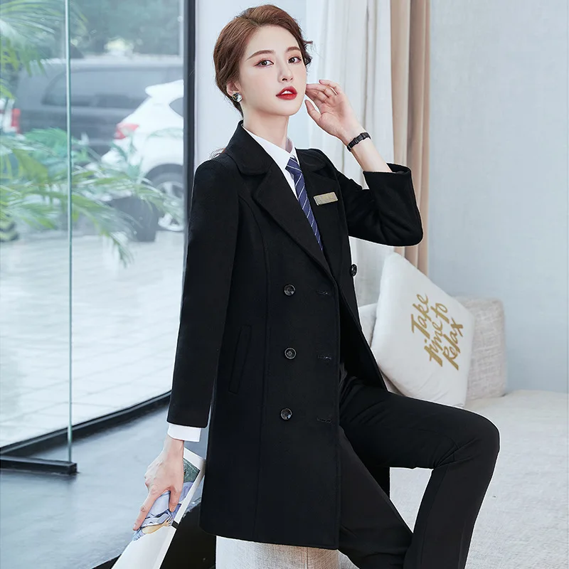 

Wool professional wear bank work clothes hotel front desk cashier woolen coat medium and long coat women's autumn and winter