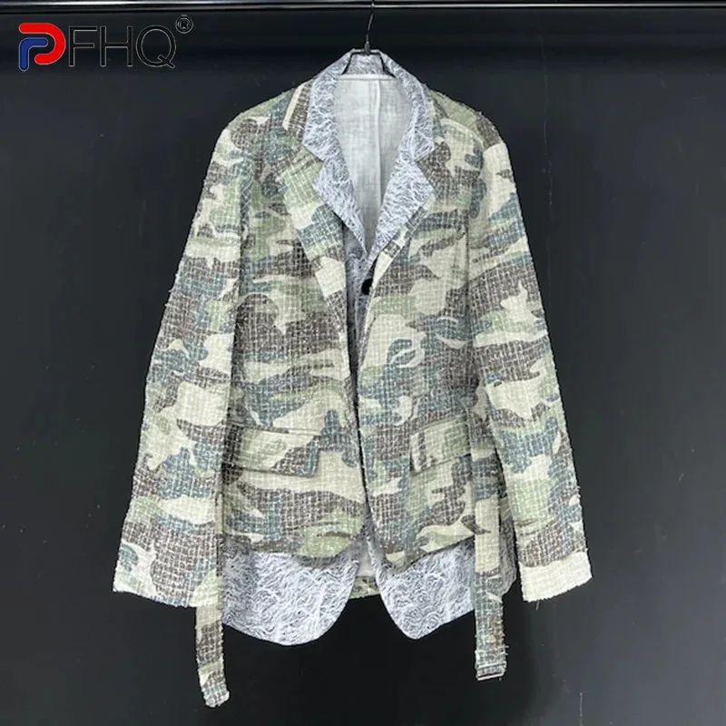 

PFHQ Design Camouflage Layered New Jacket Loose Waistband Double Neck Silhouette 2024 Contrast Color Male Tops 21Z5859