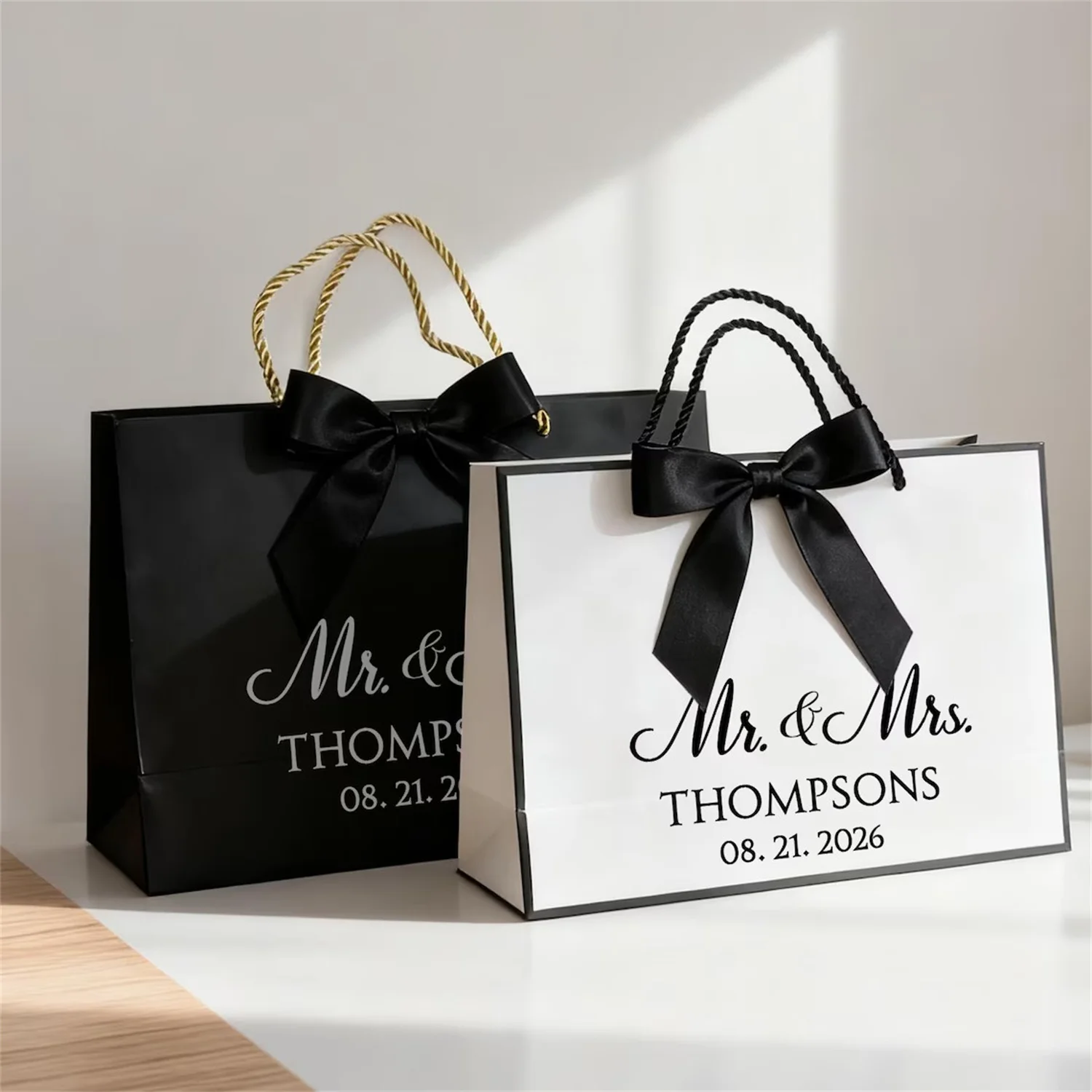 

Chic Black and Gold Wedding Welcome Bag with satin ribbon handles and your names - Welcome to Our Wedding - Elegant favors for g