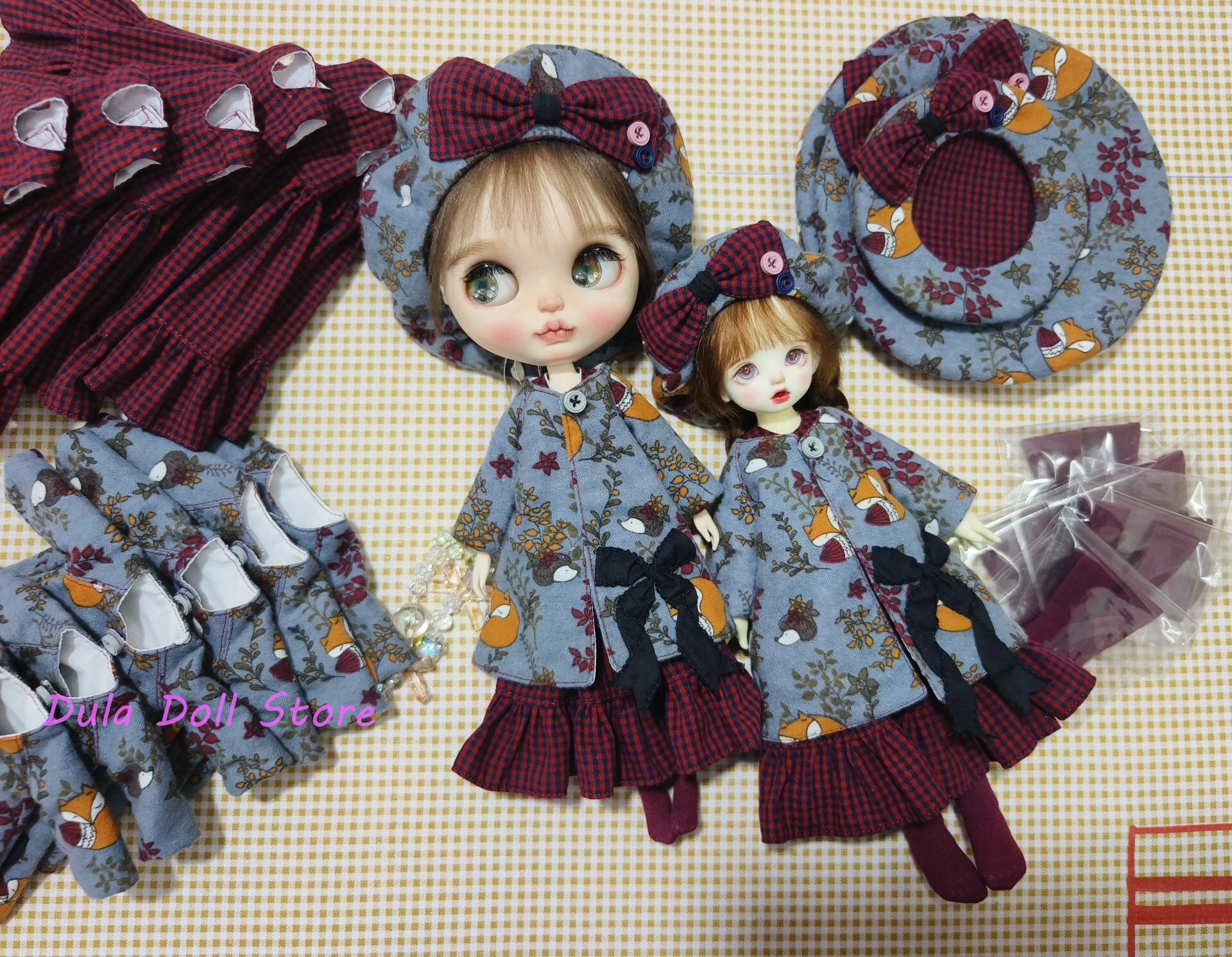 Dula Doll Clothes Handmade Red checkered and little fox coat set for Blythe Landoudou Landazz ob24ob22 momoko Azone  Doll