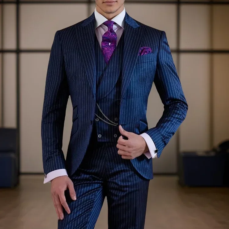 Stripe Business Men Suits For Wedding Party Groomsmen Wear Casual Groom Tuxedo 3 Pcs (Jacket + Pants + Vest)