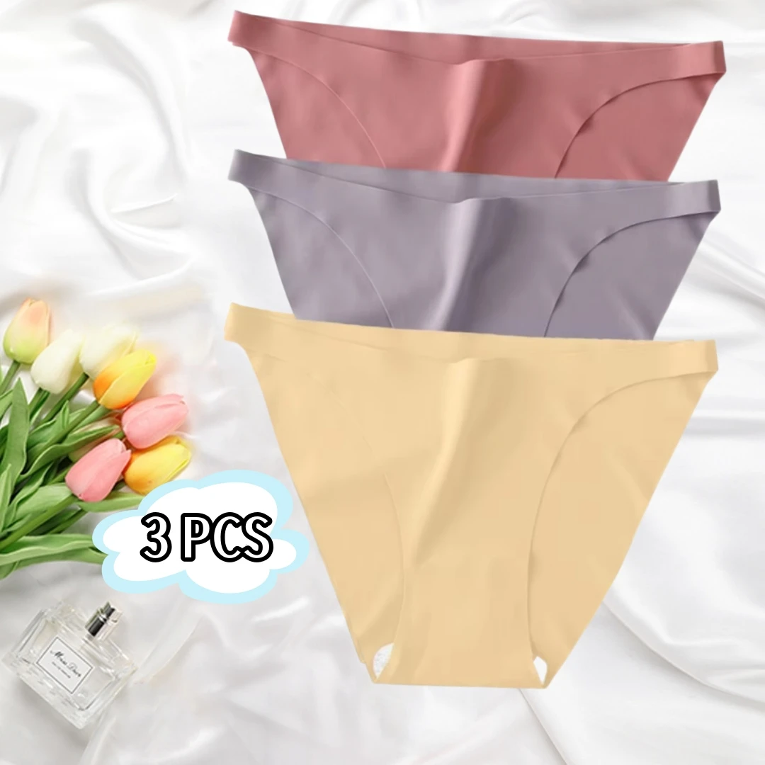 

3 PCS Underwear Ice Silk Seamless Solid Color Low Waist Breathable Cotton Crotch Thin Women's 3-Piece Briefs